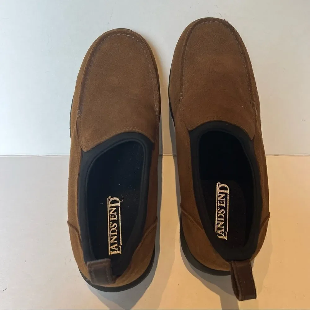 Lands' End Men's Suede Slip On Loafers Brown with black trim Size 9D